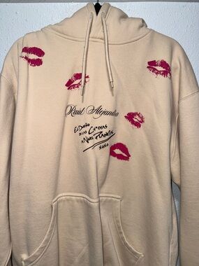 Raul Alejandro Cream Hoodie with Red Lip Print